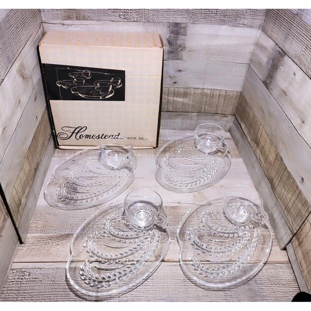 Vintage Homestead Snack Set 4 Plates & 4 Cups Federal Glass In Original Box